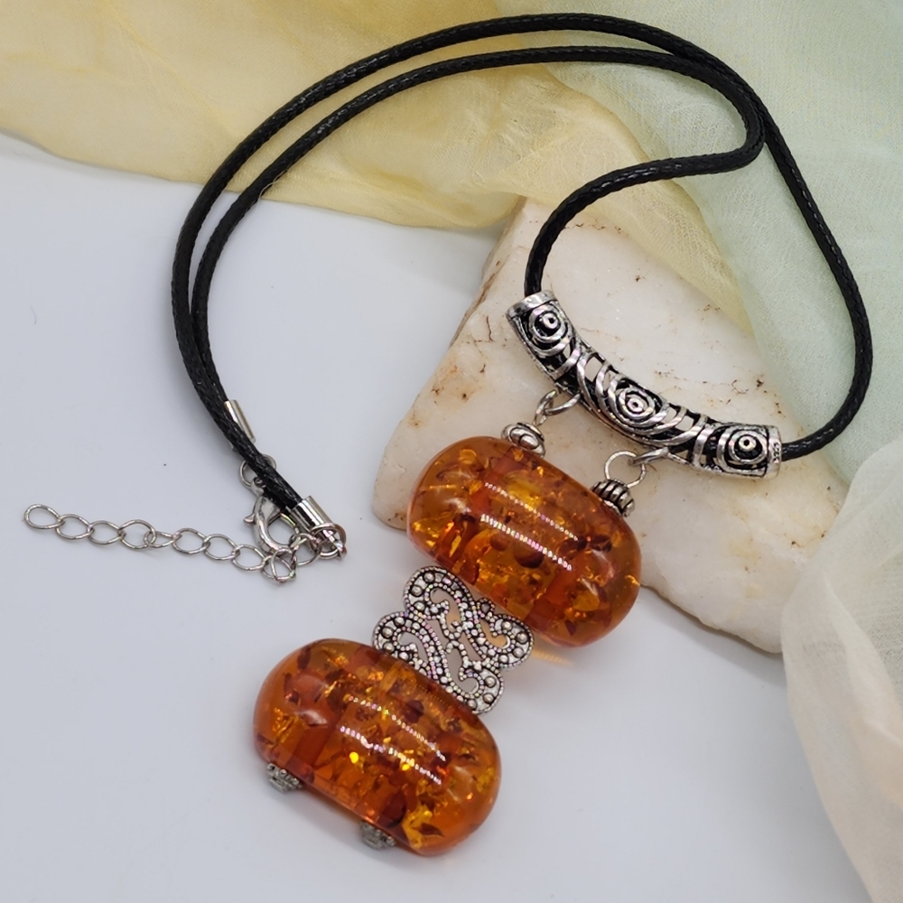 Silver Necklace Ethnic Tribal Bohemian Resin 'Beeswax' Amber Black Cord